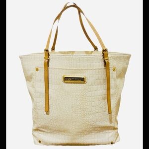 Liz Claiborne Ivory Croc Embossed Tote w/ Gold Logo Plate